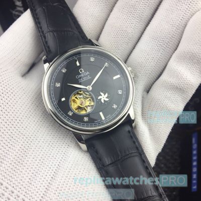 Copy Omega De Ville Tourbillon Watch Black Dial Leather Strap